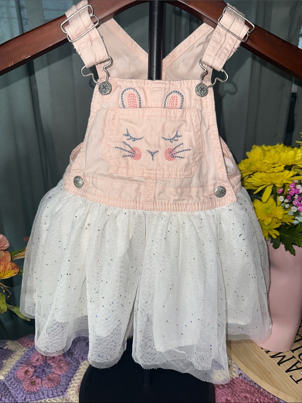 πGirls Pink Bunny Pocket Overall Dress with White Tulle Skirt. C314
